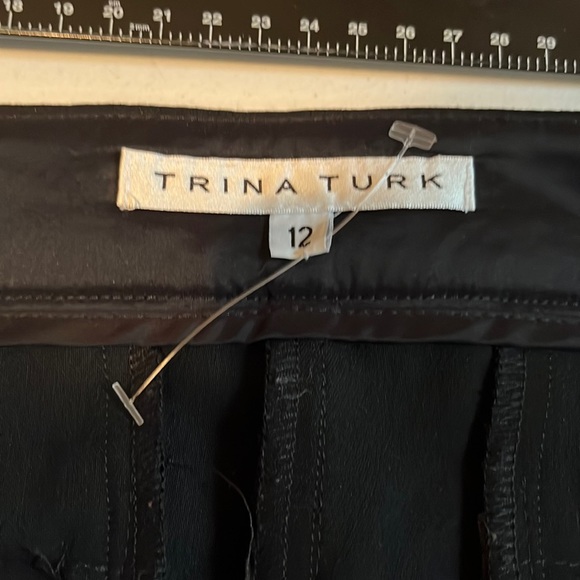 Trina Turk size 12 black wide leg dress pant flat front, gold tuxedo stripe - Picture 6 of 16